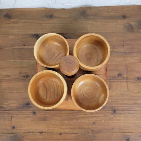Wooden Caddy 4pcs Bowl with Serving Tray Set Brown Condiment Holder Light Weight - Picture 5 of 9